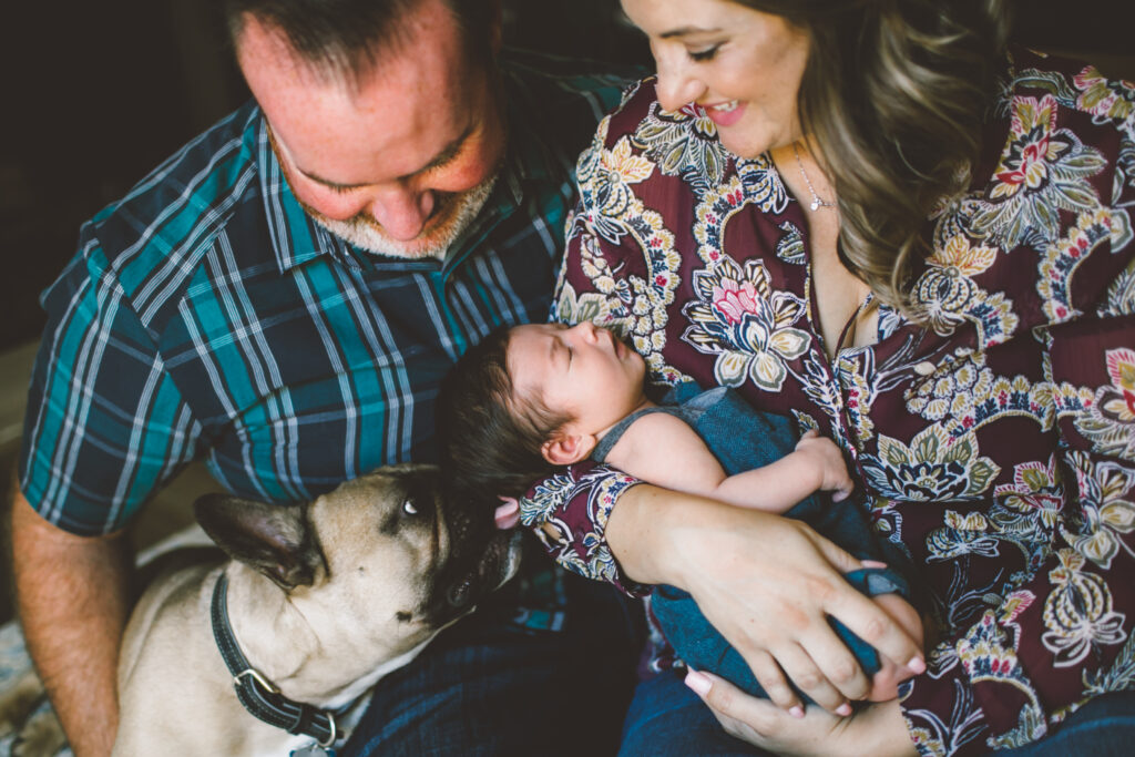 Newborn family photo with puppy licking baby